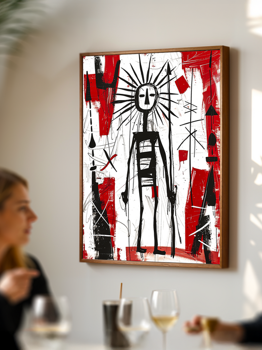 Bold abstract poster featuring a tribal figure in black, red, and white tones, mounted on a clean white wall above a stylish dining area. The expressive brushwork adds artistic flair while the blurred figures in conversation below suggest a cozy, design-conscious atmosphere.