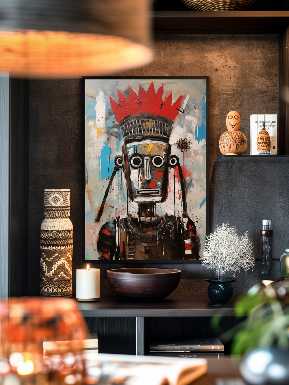 A modern interior shelf featuring a striking, colorful abstract painting in tribal style with bold red accents and expressive lines. Surrounding the artwork are ethnic-inspired vases, carved gourds with patterns, a white decorative plant in a dark pot, and wooden bowls, creating a warm, eclectic atmosphere. The scene is styled with earthy textures and cultural decor elements, perfect for adding global-inspired character to contemporary living spaces.