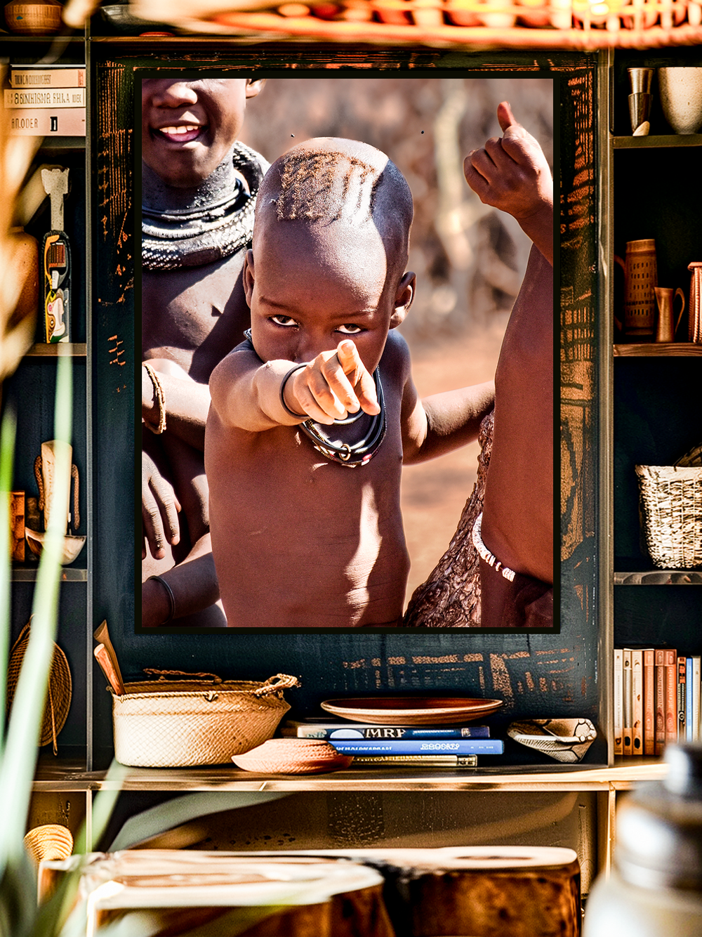 Powerful portrait of a young child with a unique traditional hairstyle, pointing directly at the viewer while surrounded by cultural details and warm earthy tones. The expressive image captures strength, heritage, and identity, making it a striking piece of cultural art photography.