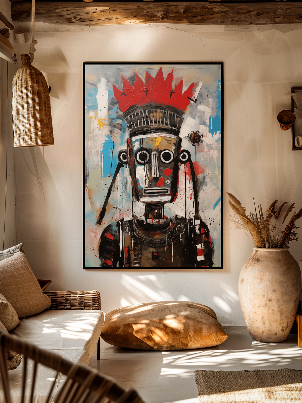Large vertical poster featuring a bold tribal mask with vivid red accents hangs centered on a white textured wall. The black frame enhances the striking colors of the artwork. The surrounding room is decorated in warm, natural tones with a low leather pouf, wicker sofa, and a large ceramic vase filled with dried grasses. Wooden ceiling beams and woven lighting add rustic charm. Sunlight casts soft shadows, and a blurred foreground chair creates depth, making the poster feel fully integrated into the space.