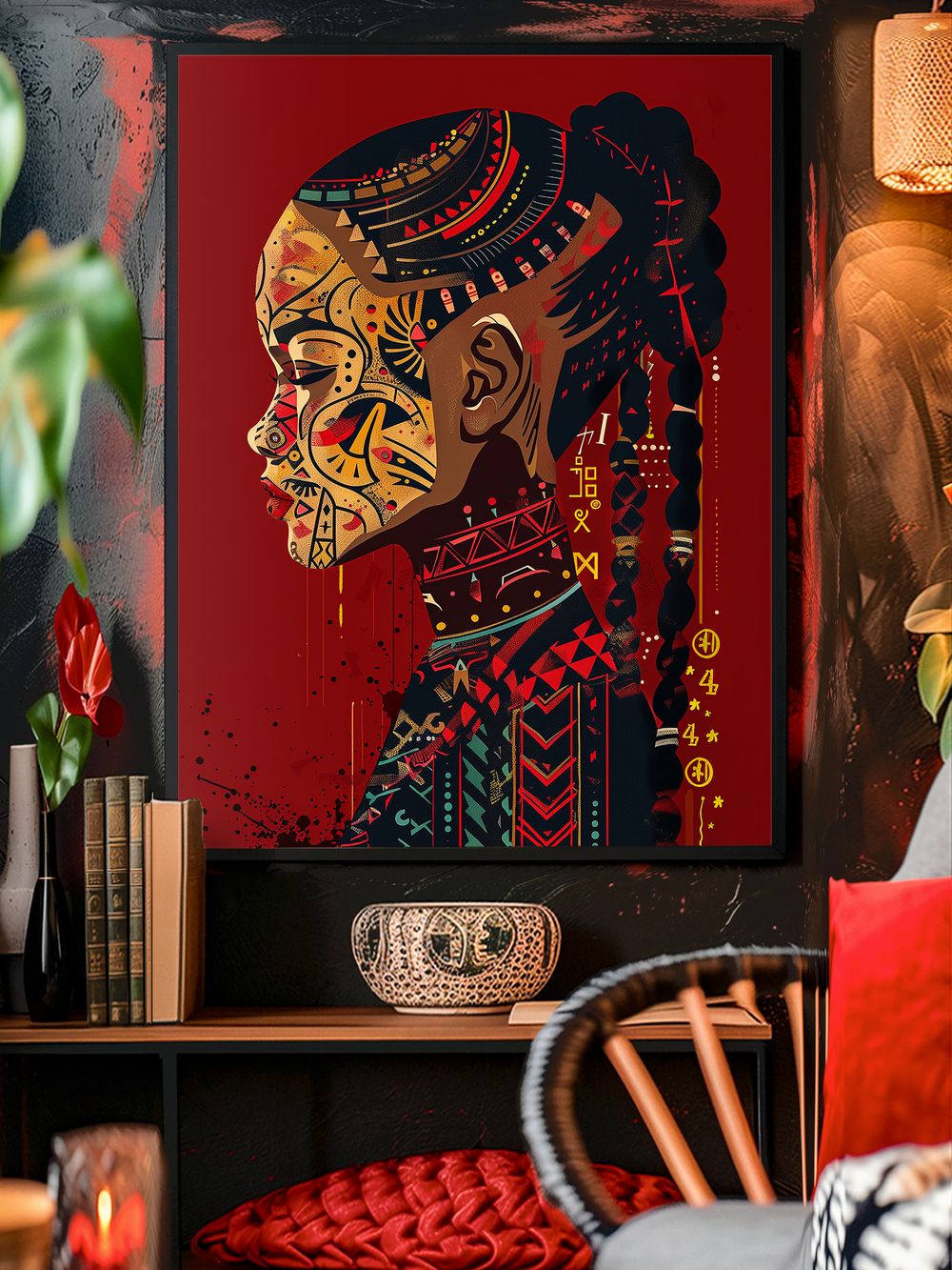 Bold wall art featuring a woman in side profile decorated with tribal-inspired patterns and geometric details. The vibrant red background highlights the African aesthetic, creating a powerful portrait that symbolizes cultural identity, strength, and artistic expression.