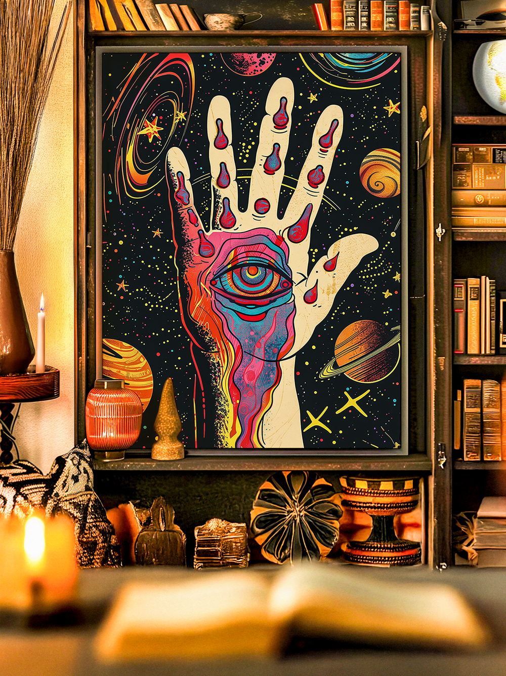 Colorful psychedelic artwork showing a surreal cosmic hand with an all-seeing eye, dripping red shapes, and surrounded by stars, galaxies, and planets. A bold and mystical wall art piece perfect for bohemian, spiritual, and space-inspired interiors.