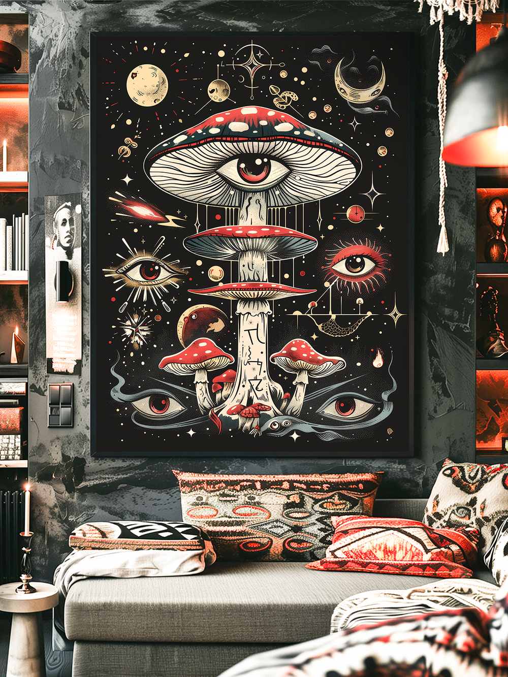 Surreal psychedelic poster featuring giant mushrooms with an all-seeing eye, surrounded by stars, moons, and cosmic patterns. This mystical wall art combines trippy mushroom imagery with celestial elements, making it a bold statement piece for bohemian, spiritual, and cosmic-inspired home decor.