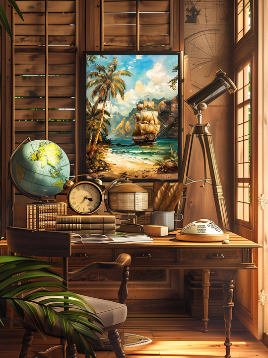 Vintage-style wooden study featuring a framed tropical ship poster, a globe, classic books, a clock, and a brass telescope near tall sunlit windows and wooden shutters.