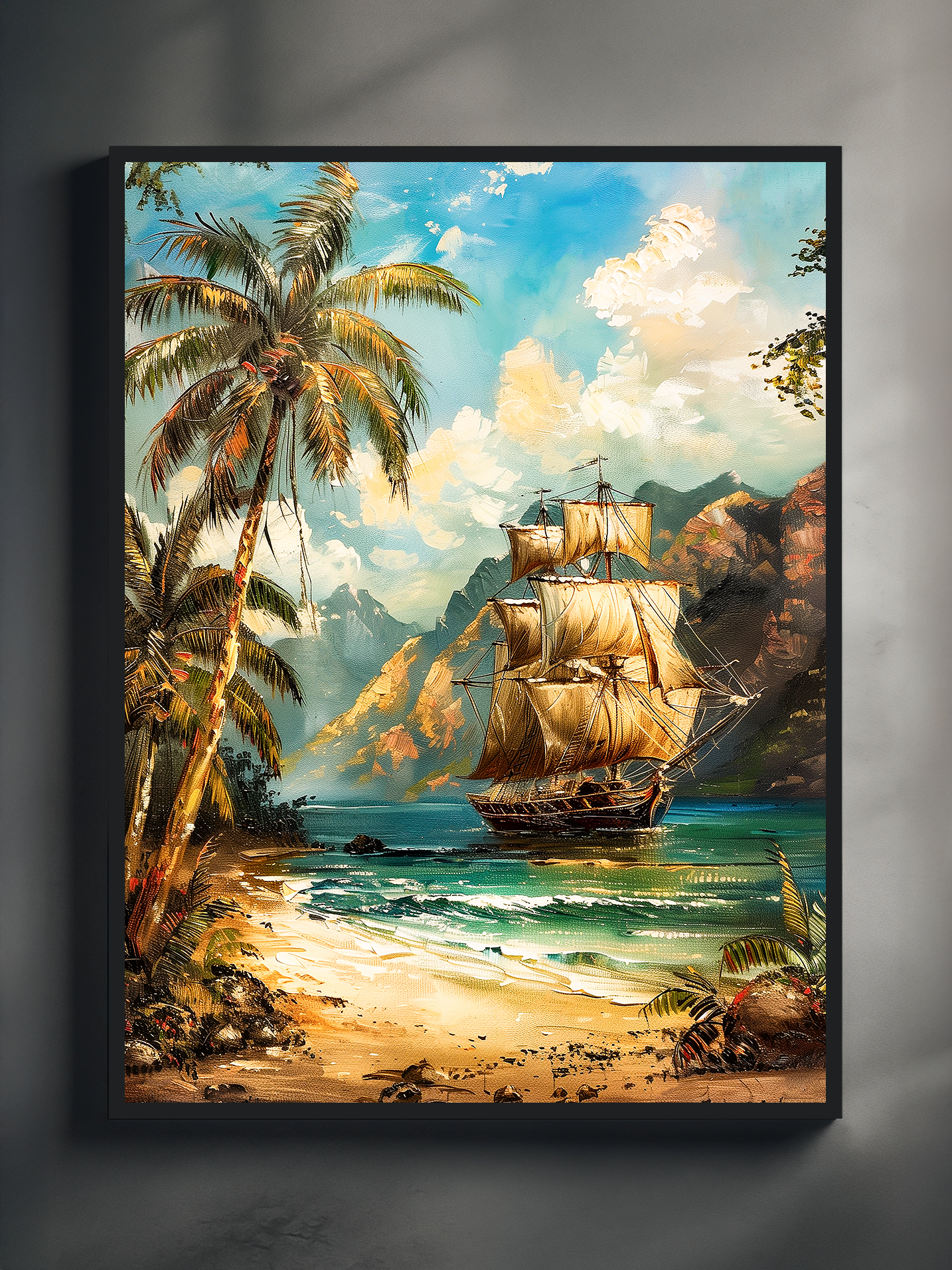 Vibrant coastal wall art showing a classic sailing ship with warm golden sails drifting past a tropical beach, palm trees, turquoise water, and distant mountains.