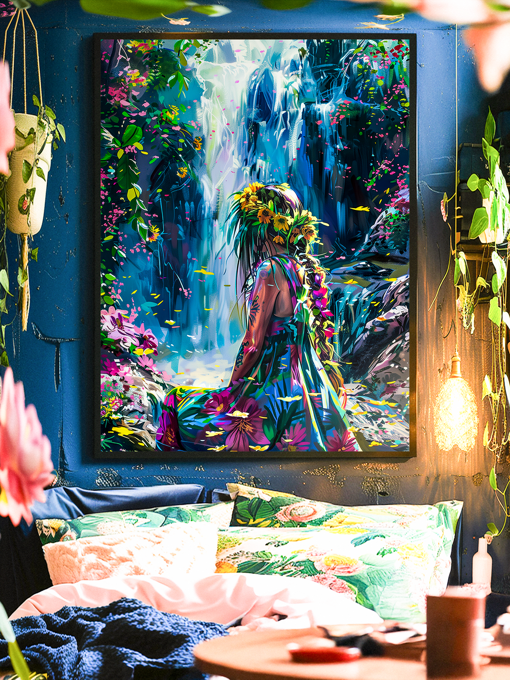Vibrant tropical painting of a serene woman in a colorful floral dress with a flower crown, sitting before a cascading waterfall surrounded by lush greenery and blossoms, perfect for bohemian and nature inspired home decor.