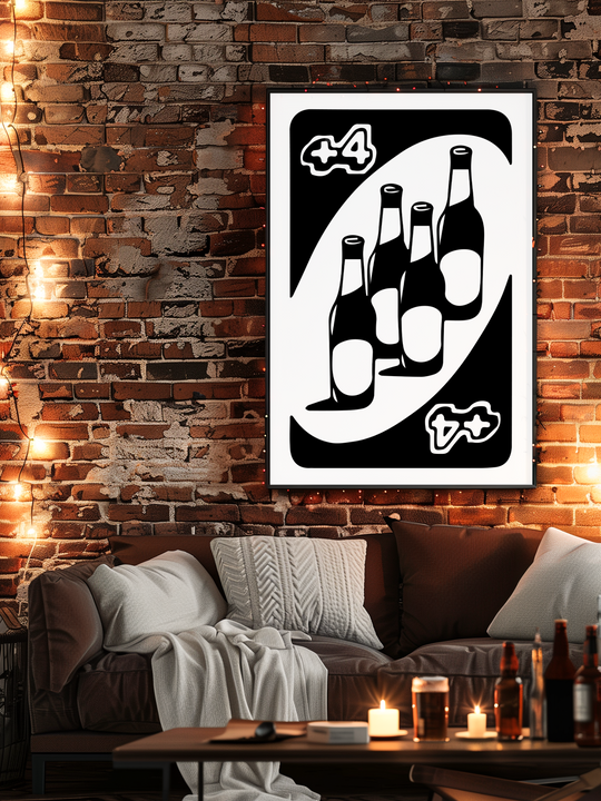 A humorous UNO parody poster featuring beer bottles and a “+4” symbol, displayed in a stylish living room with exposed brick walls, warm ambient lighting, a brown sofa with white blankets, and a table set with candles and beer bottles, creating a relaxed and playful atmosphere.