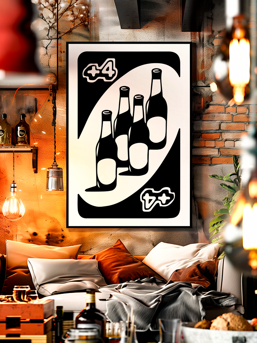 Framed black and white poster with a bold UNO-inspired beer bottle design, centrally displayed on a textured wall in a cozy party-themed living space. The room features warm lighting from hanging industrial-style lamps, shelves with bottles and decor, and a sofa surrounded by pillows, drinks, snacks, and blurred foreground objects for added depth. The white poster surface reflects soft shadows, making it the clear focal point of the stylish, laid-back environment.