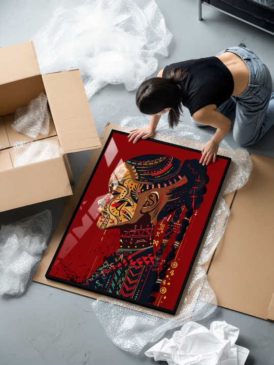 A woman kneels on the floor unpacking a framed art print from cardboard. The poster shows a detailed African tribal-style portrait of a woman in profile, featuring bold face markings, braided hair, geometric patterns, and rich red, yellow, brown and blue tones. The framed print lies on protective packaging next to an open cardboard box.