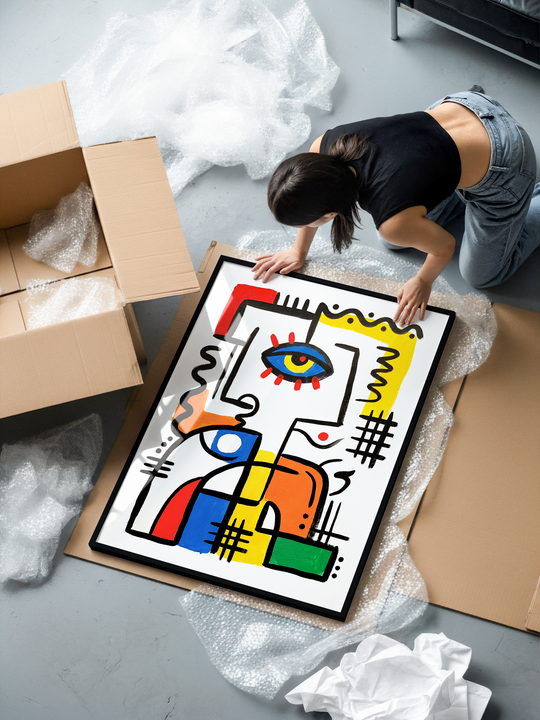Woman kneeling on the floor unboxing The Watcher framed abstract art print from AconaStudio, surrounded by an open cardboard box, bubble wrap and tissue paper