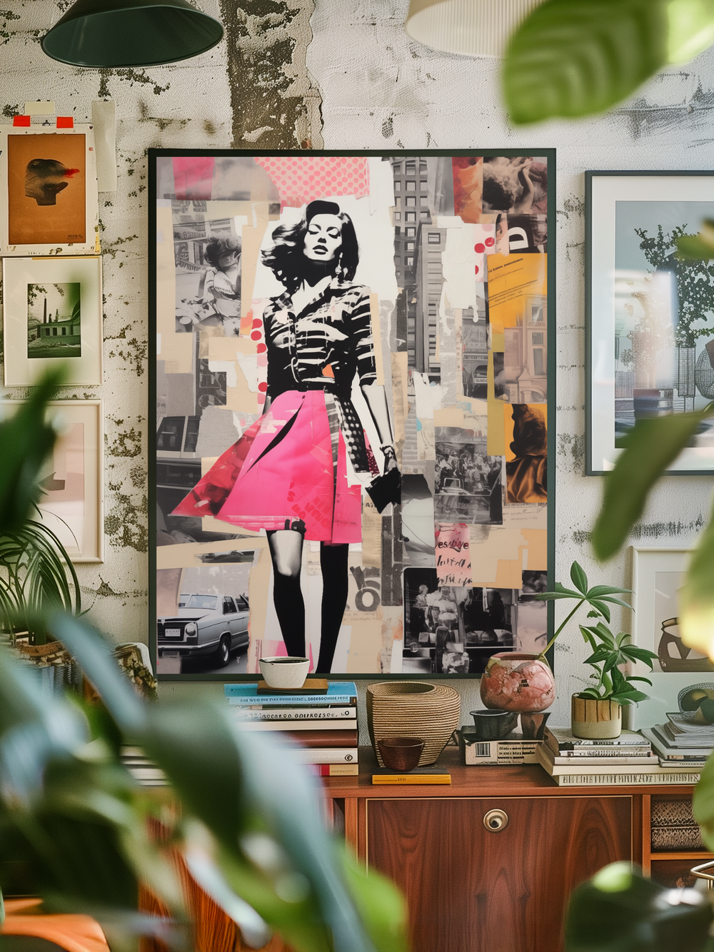 Framed urban-style collage poster featuring a stylish woman in a vivid pink skirt on an aged, textured wall with smaller framed artworks, surrounded by mid-century furniture, stacks of books, potted plants, and warm natural light, creating an eclectic, bohemian atmosphere with layered details and a cozy, curated vibe.