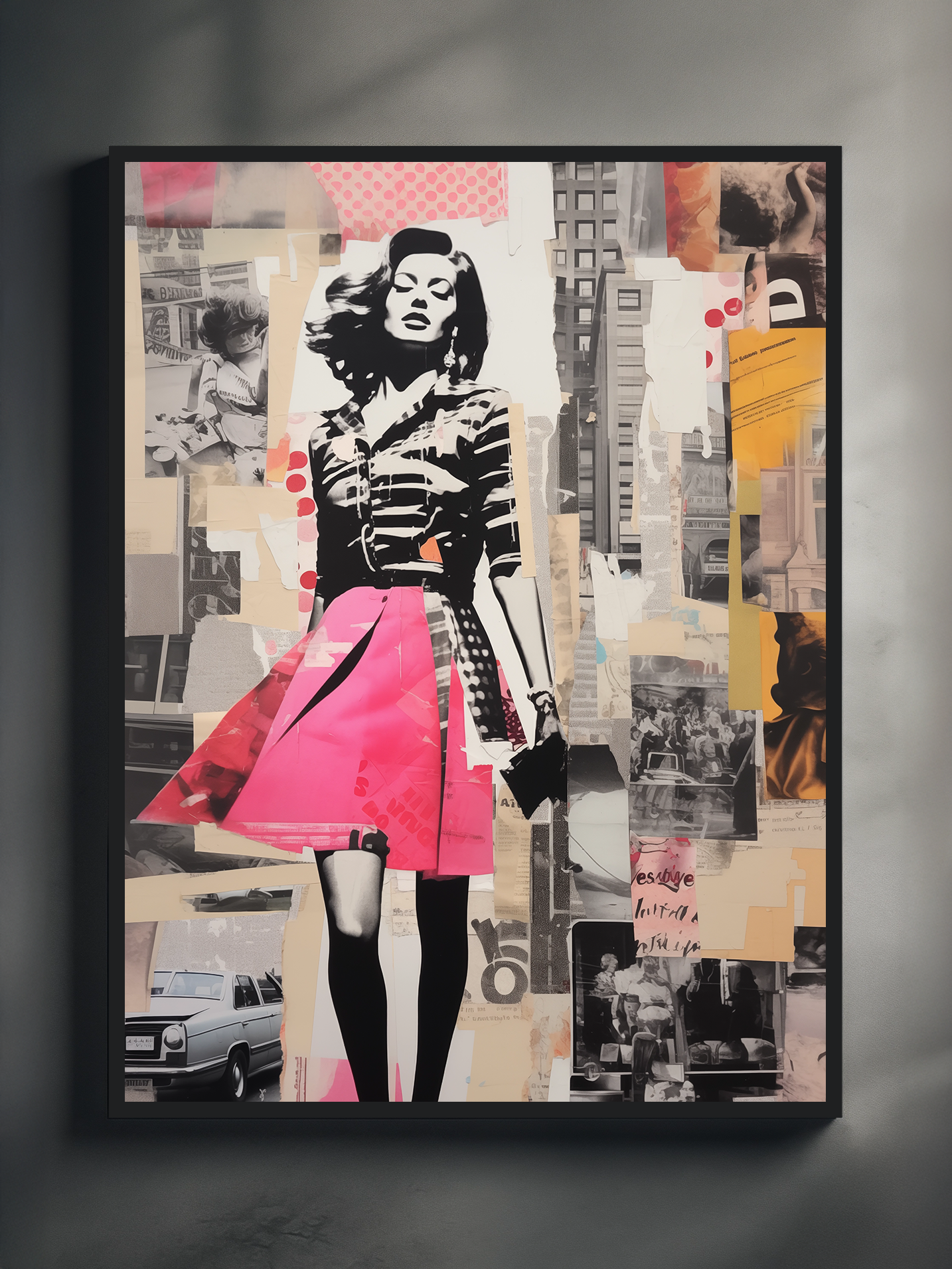 A framed mixed-media collage featuring a bold black-and-white illustration of a confident woman in a flowing pink skirt, surrounded by layered urban visuals. The background includes vintage cars, skyscrapers, and retro newspaper clippings in muted tones with accents of yellow, red, and grey. The artwork is mounted on a dark wall, creating a powerful contrast and emphasizing its street-style energy and retro-futuristic aesthetic.