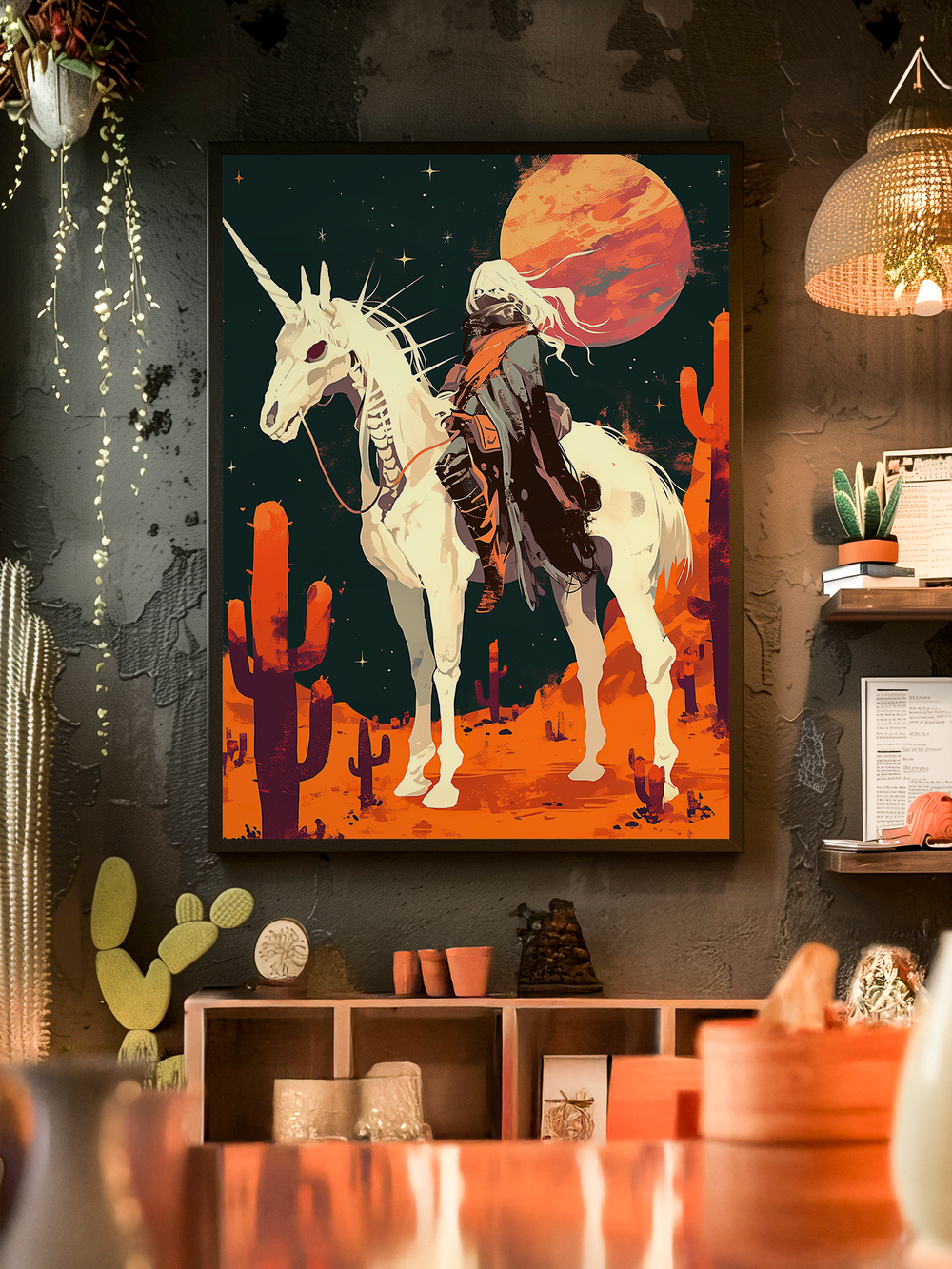 Vertical framed artwork showcasing a mysterious lone rider on a white unicorn beneath a glowing red planet, set in a surreal desert landscape with tall cacti and a starry night sky. Displayed on a textured dark wall in a warm, bohemian-inspired room with hanging lamps, plants, and rustic decor, creating a striking focal point.