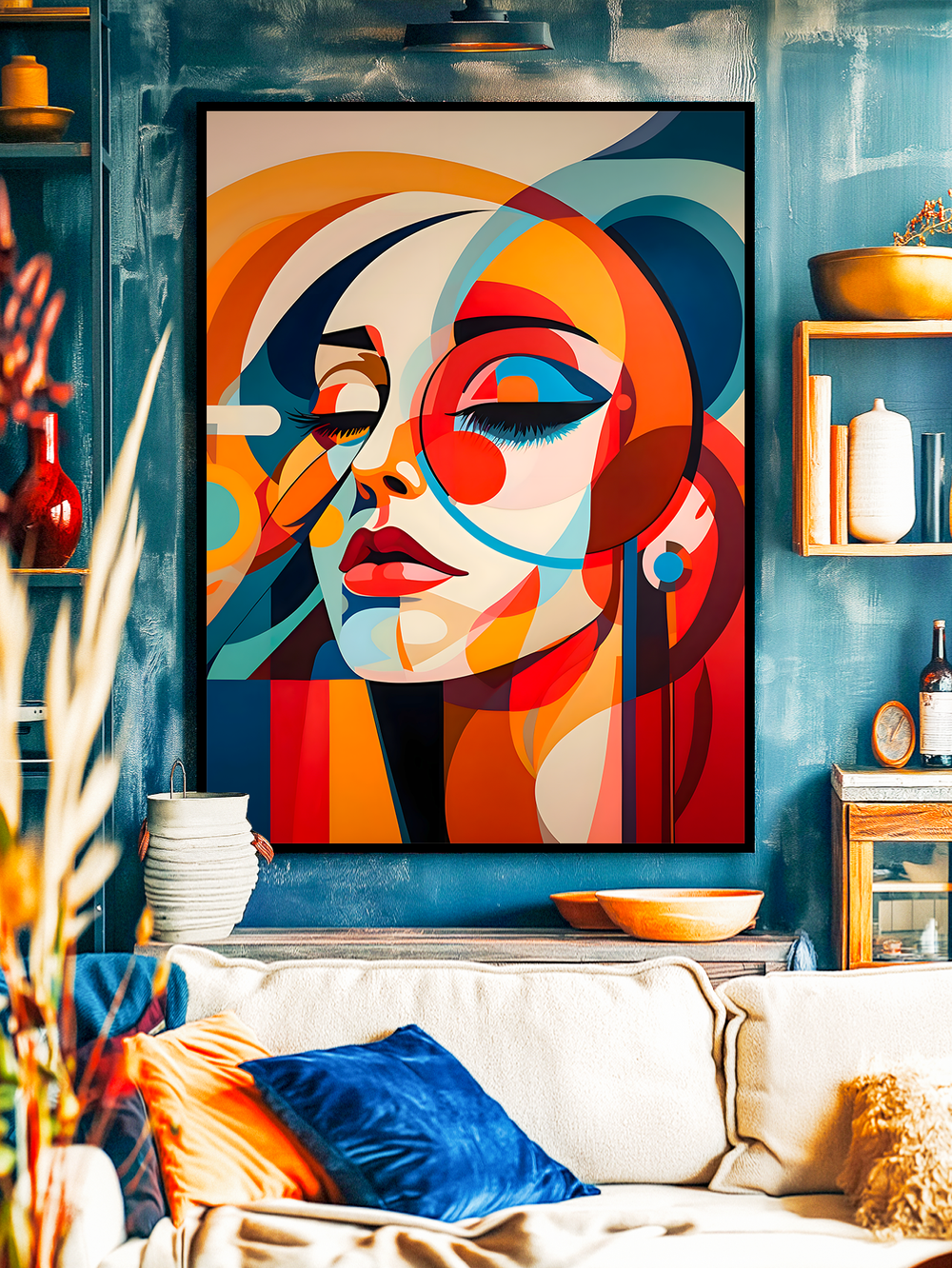 Colorful abstract wall art of a woman’s face with geometric shapes and bold tones of orange, red, blue, and yellow, displayed in a cozy modern living room with a white sofa, blue walls, wooden shelves, and decorative pillows.
