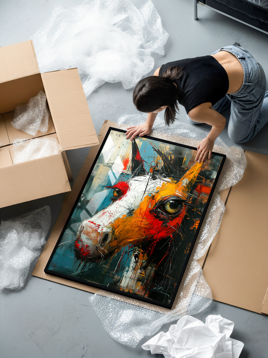 A framed abstract expressionist horse portrait featuring energetic brush strokes, vivid orange and teal tones, expressive detailing around the eye, and a textured contemporary art style. The artwork has a strong emotional presence and modern painterly texture, designed to stand out as bold modern wall art.