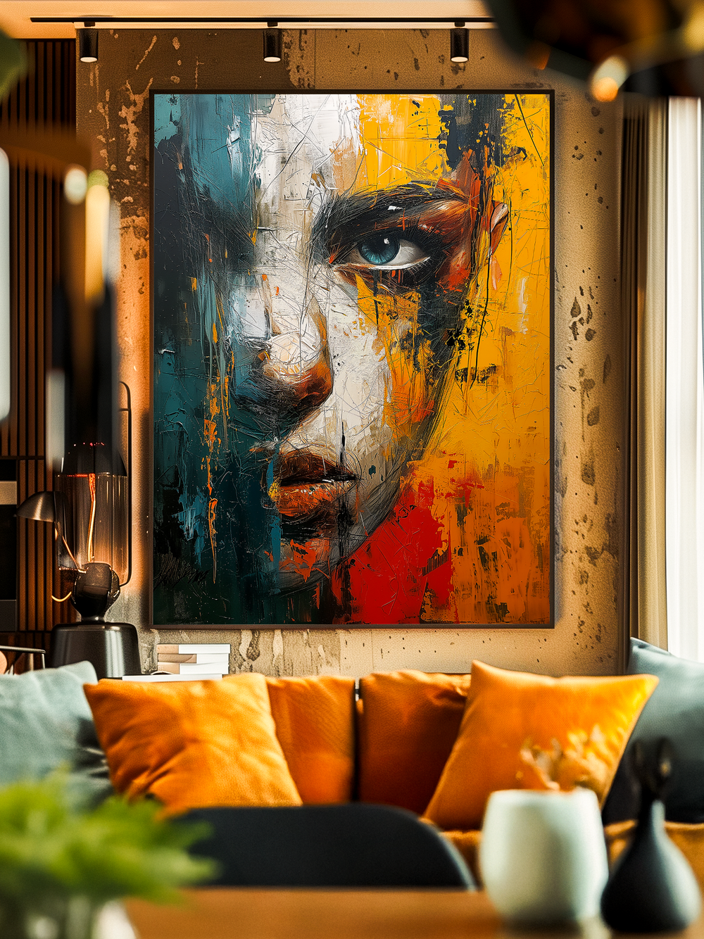 Bold and colorful painting of a face with blue, yellow, red, and white textured strokes, displayed above a warm-toned sofa with orange and gray pillows, modern lighting, and a stylish interior design.
