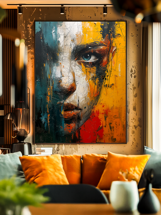 Bold and colorful painting of a face with blue, yellow, red, and white textured strokes, displayed above a warm-toned sofa with orange and gray pillows, modern lighting, and a stylish interior design.