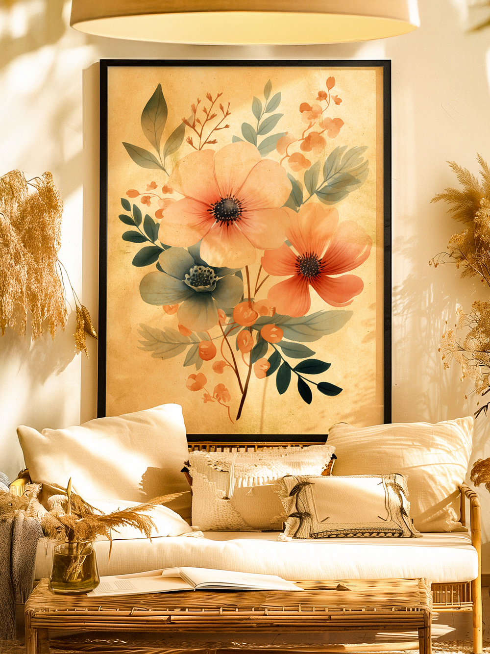 A framed botanical print featuring large orange and cream flowers with green and earthy foliage, displayed above a neutral-toned sofa. The cozy setting includes woven textures, soft pillows, dried grasses, and warm natural lighting, creating an inviting and organic interior atmosphere.