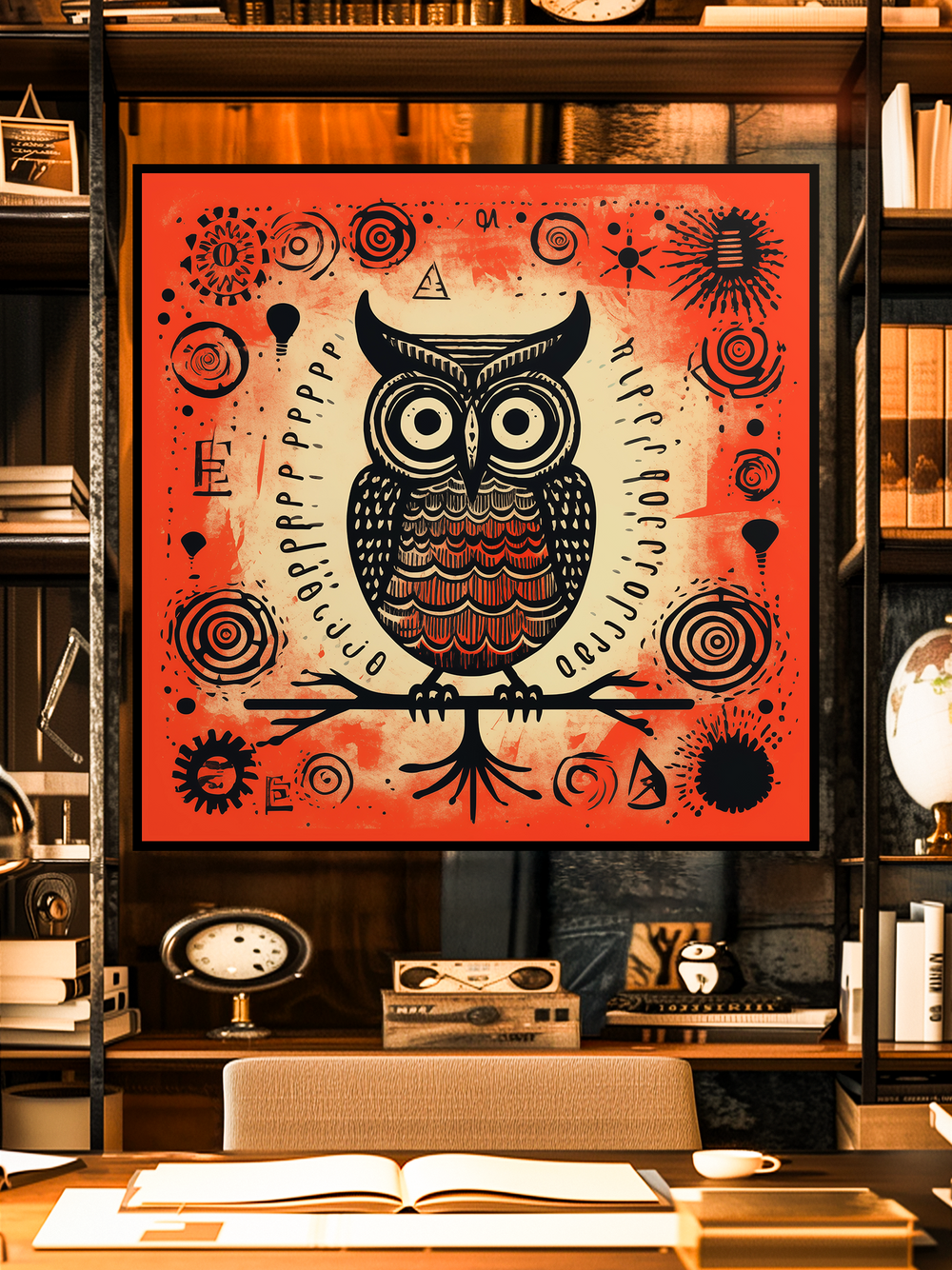 Striking owl artwork with bold black and red geometric details displayed in a stylish study room. The poster features mystical symbols and abstract shapes surrounding the owl, creating a surreal and symbolic design. Set against bookshelves and a wooden desk, the scene highlights the framed wall art as a centerpiece of modern interior décor.