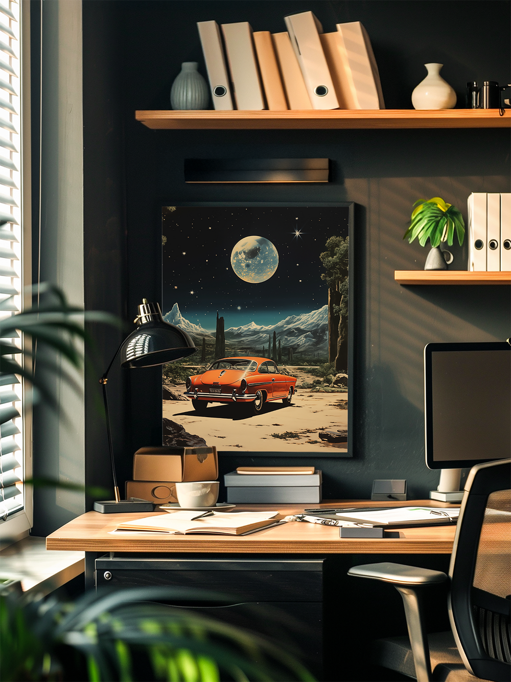 A stylish home office featuring a dark accent wall, wooden shelves with books and plants, and a framed poster showing a red vintage car parked under a large moon and starry night sky. The scene is warmly lit with a desk lamp and natural light from a nearby window, creating a cozy, professional atmosphere with contemporary furnishings and green plants in the foreground for added depth.