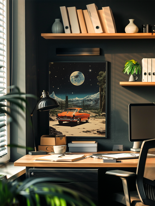 A stylish home office featuring a dark accent wall, wooden shelves with books and plants, and a framed poster showing a red vintage car parked under a large moon and starry night sky. The scene is warmly lit with a desk lamp and natural light from a nearby window, creating a cozy, professional atmosphere with contemporary furnishings and green plants in the foreground for added depth.