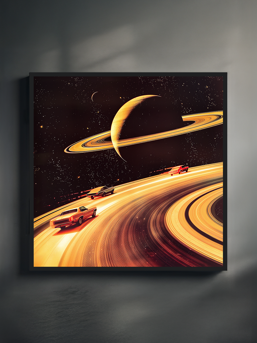 Retro futuristic wall art showing classic cars racing along Saturn’s glowing rings like a space highway, surrounded by a starry galaxy sky and dreamy sci fi vibes.