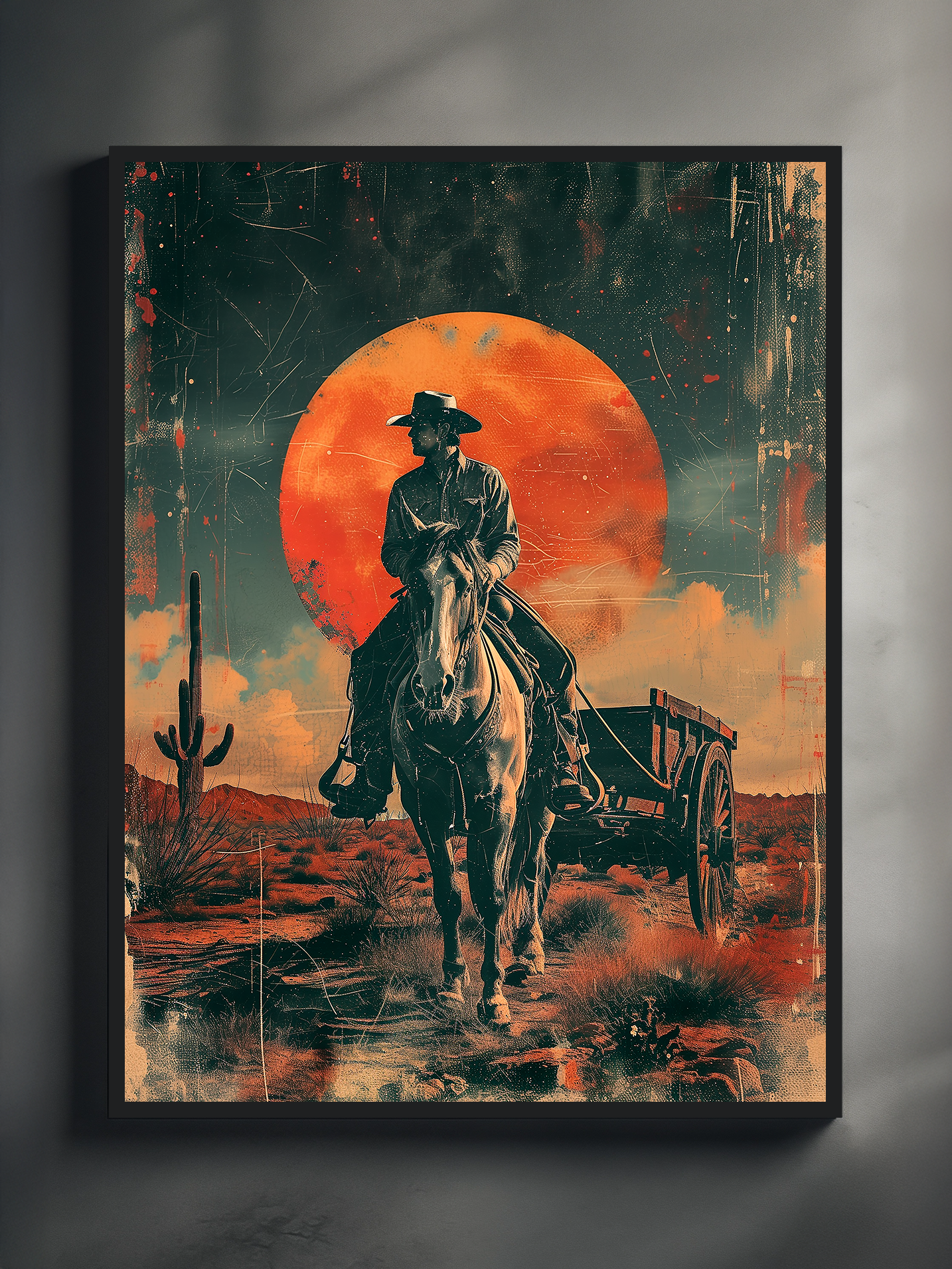 Western cowboy poster showing a ranch rider on horseback in a desert landscape with cactus and wagon under a huge red sun in a distressed vintage style.