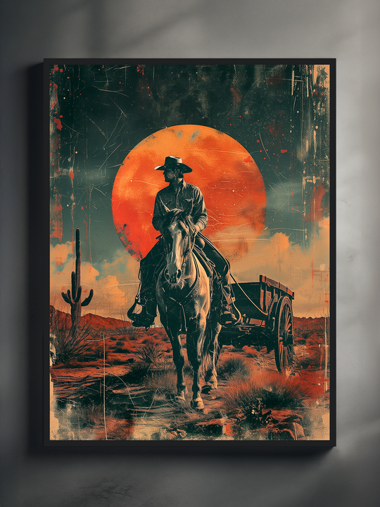 Western cowboy poster showing a ranch rider on horseback in a desert landscape with cactus and wagon under a huge red sun in a distressed vintage style.