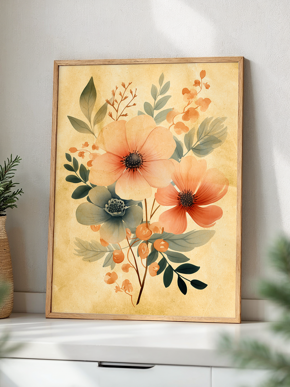 A warm-toned botanical poster featuring delicate orange flowers and muted green leaves on a textured yellow background, framed in light wood and leaning against a soft white wall on a minimalist sideboard. Surrounded by subtle natural decor, the scene radiates a cozy, vintage-inspired atmosphere.