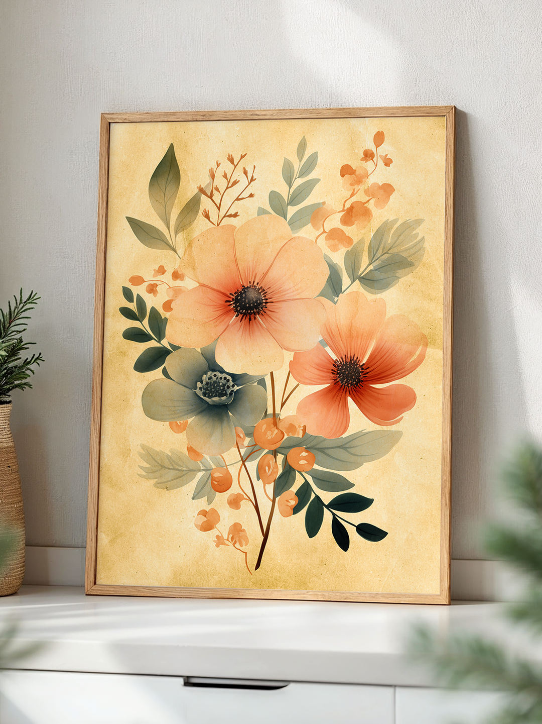 A warm-toned botanical poster featuring delicate orange flowers and muted green leaves on a textured yellow background, framed in light wood and leaning against a soft white wall on a minimalist sideboard. Surrounded by subtle natural decor, the scene radiates a cozy, vintage-inspired atmosphere.
