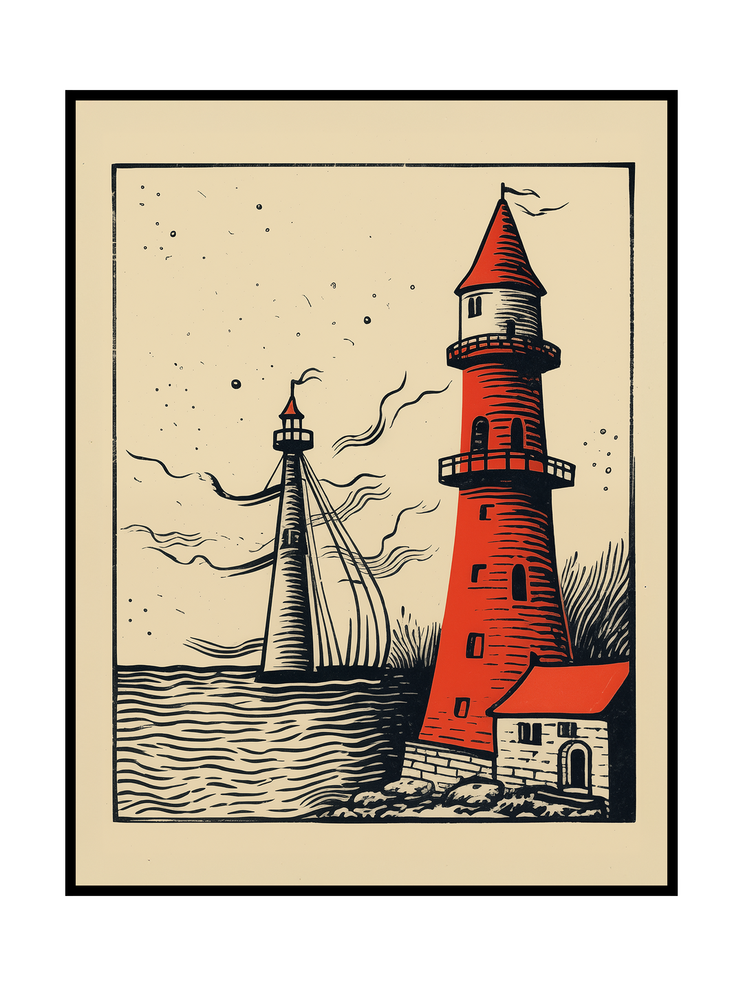 Illustrated coastal scene featuring two lighthouses by the sea, rendered in a vintage woodcut-inspired style. Fine linework, textured shading, and warm red tones create a timeless nautical atmosphere with a calm, graphic character.