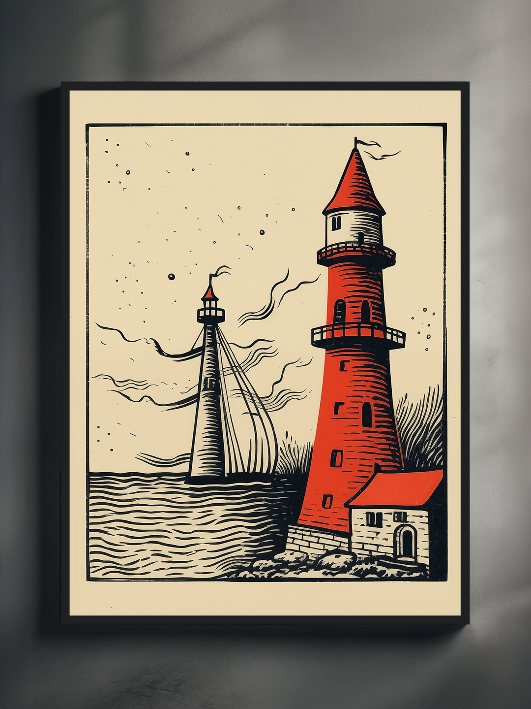 A framed vintage-style poster featuring two lighthouses, one prominent in red with a small building at its base, and another in the distance across calm waters. The illustration is done in a bold, graphic style with minimal color, emphasizing nautical themes and classic maritime charm. Displayed against a dark wall, the artwork stands out with its clean lines and timeless coastal aesthetic.