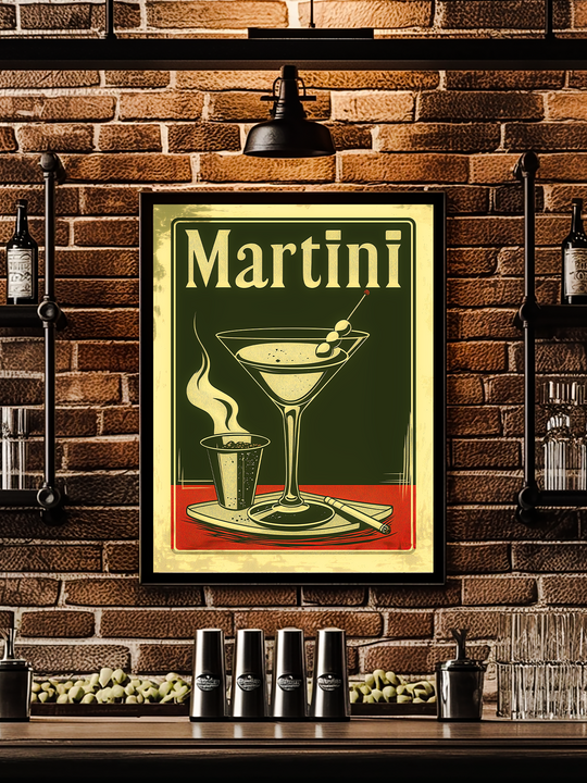 A framed retro martini artwork with a classic cocktail glass and olives hangs prominently on an exposed brick wall in a stylish bar setup, surrounded by shelves with liquor bottles, cocktail shakers, and warm industrial lighting.