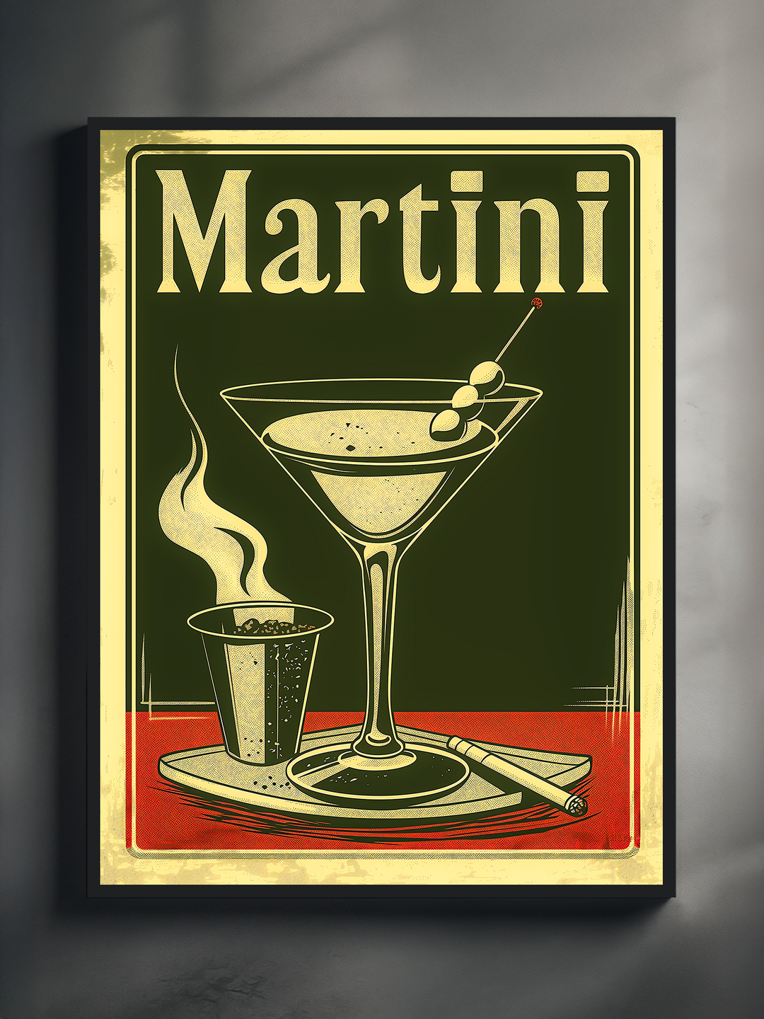 Retro bar wall art featuring a classic martini cocktail glass with olives, a steaming drink, and bold vintage signage in green and red tones.