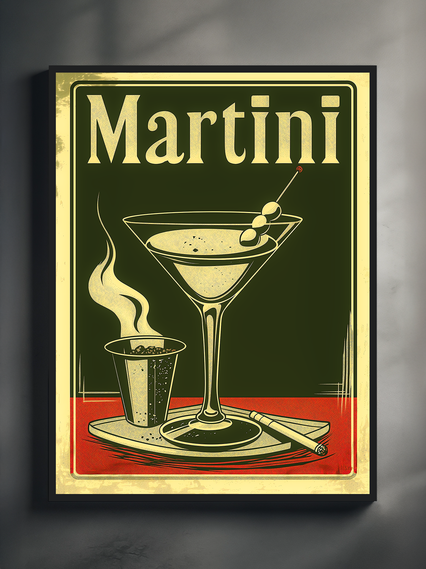 Retro-style wall art featuring a classic martini glass with olives, a smoking metal cup, and a red serving tray, designed in a vintage color palette with bold typography and nostalgic bar atmosphere.