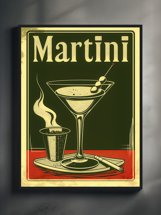 Retro-style wall art featuring a classic martini glass with olives, a smoking metal cup, and a red serving tray, designed in a vintage color palette with bold typography and nostalgic bar atmosphere.