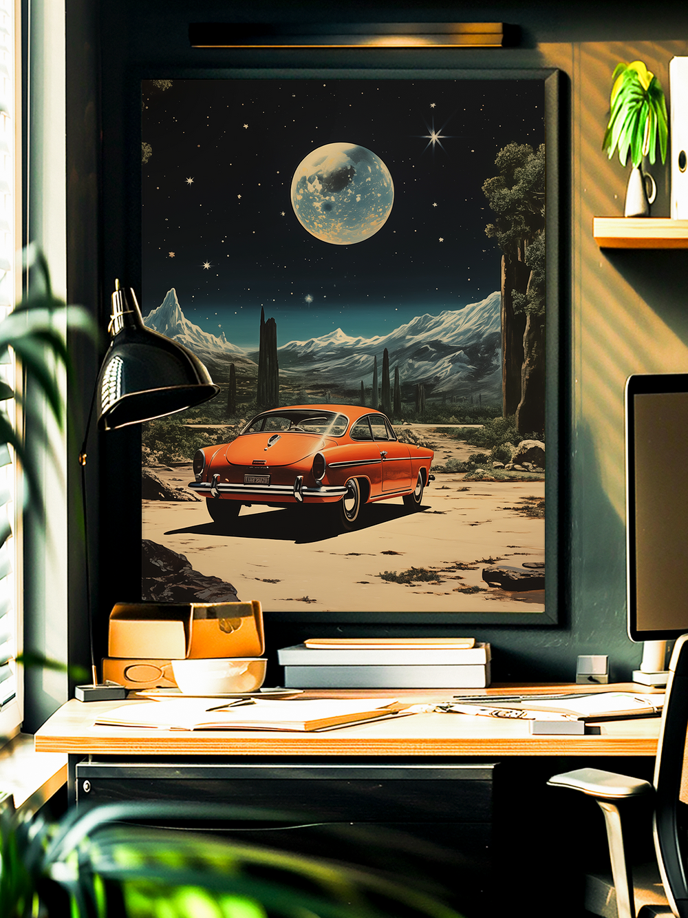 A striking art print of a classic red vintage car driving through a desert landscape under a star-filled night sky with a glowing full moon and mountains in the background. The framed poster hangs on a dark green textured wall in a stylish office, surrounded by plants, shelves, and modern decor, creating a sophisticated and creative workspace.