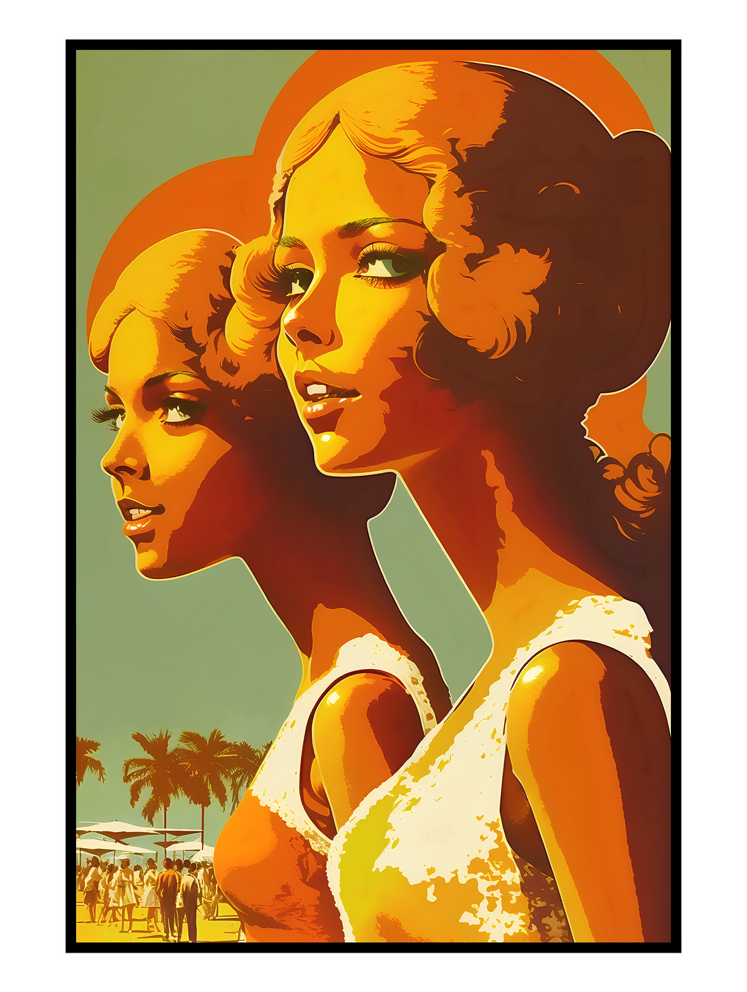 Retro-inspired art print featuring two elegant women in a layered portrait composition, rendered in warm vintage tones. The design evokes classic 1930s Hollywood glamour with soft shadows, stylized faces, and a nostalgic atmosphere, ideal for mid-century modern decor, vintage wall art collections, and timeless interior styling.