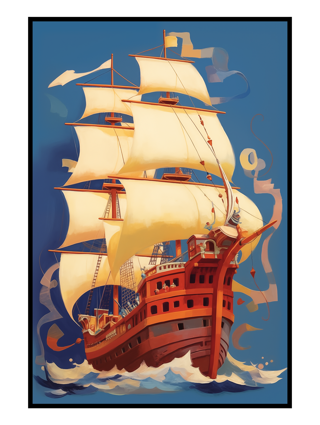 Illustrated art print featuring a classic sailing ship with billowing golden sails cutting through deep blue waves. The stylized composition combines maritime adventure with vintage illustration aesthetics, evoking exploration, freedom, and timeless seafaring spirit. Ideal as wall art for nautical interiors, coastal decor, travel-inspired spaces, and lovers of classic ship and ocean-themed artwork.