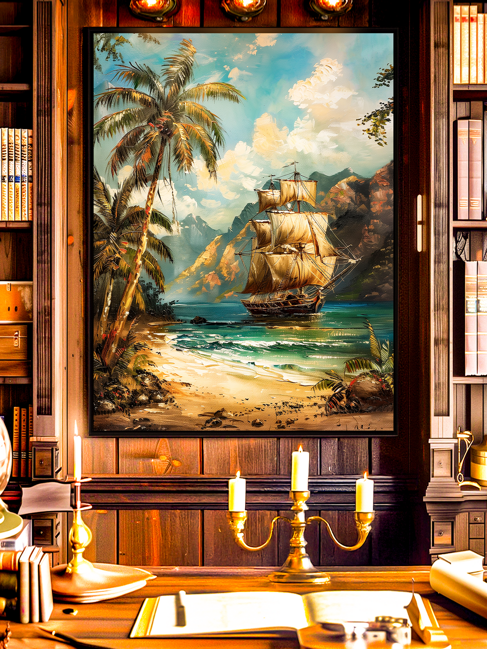 Detailed nautical wall art poster of a vintage sailing ship near a tropical coastline with palm trees and mountains, perfect for coastal decor and maritime interiors.
