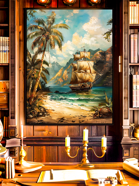 Detailed nautical wall art poster of a vintage sailing ship near a tropical coastline with palm trees and mountains, perfect for coastal decor and maritime interiors.
