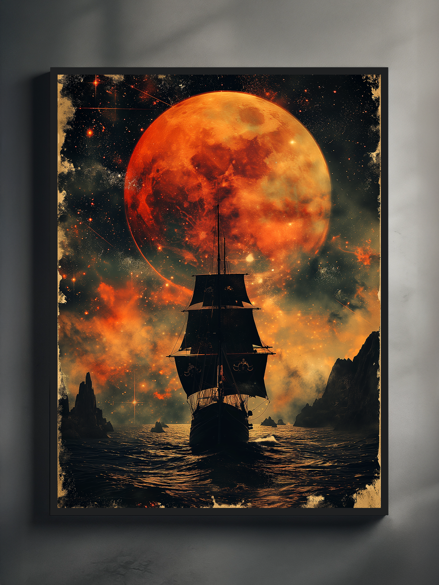 Surreal cosmic ocean poster featuring a dark sailing ship on glowing waves beneath a huge red moon and starry nebula sky in a vintage textured style.