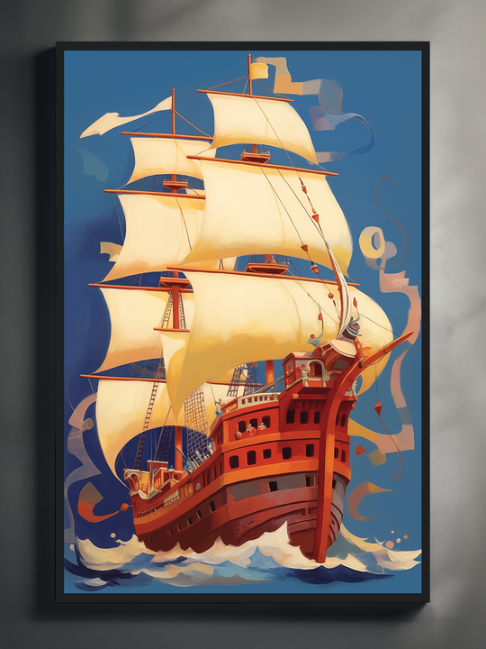 Framed poster of a large red sailing ship with cream-colored sails on a vivid blue background, shown in a close-up view without visible room elements, emphasizing the dynamic wave motion and stylized design.