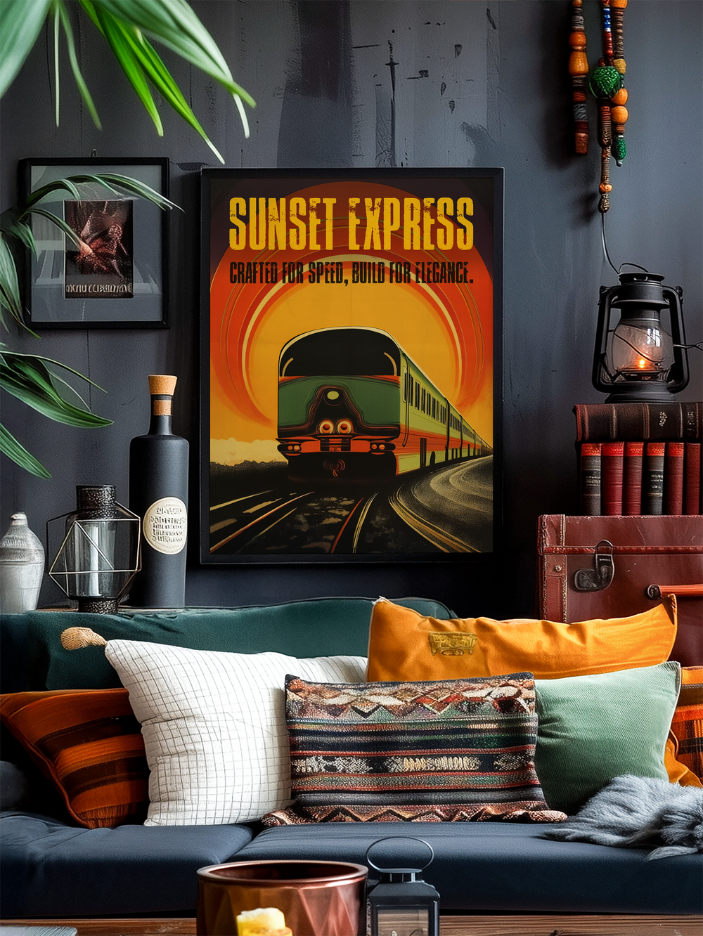 A cozy, artfully decorated living room with a striking Sunset Express train poster in vivid orange and yellow tones on a dark wall. The space features layered throw pillows in green, orange, and patterned fabrics on a deep blue sofa, complemented by rustic lanterns, stacked books, plants, and colorful accessories that add warmth and character.