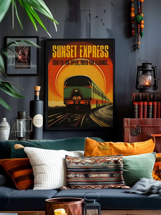 A cozy, artfully decorated living room with a striking Sunset Express train poster in vivid orange and yellow tones on a dark wall. The space features layered throw pillows in green, orange, and patterned fabrics on a deep blue sofa, complemented by rustic lanterns, stacked books, plants, and colorful accessories that add warmth and character.