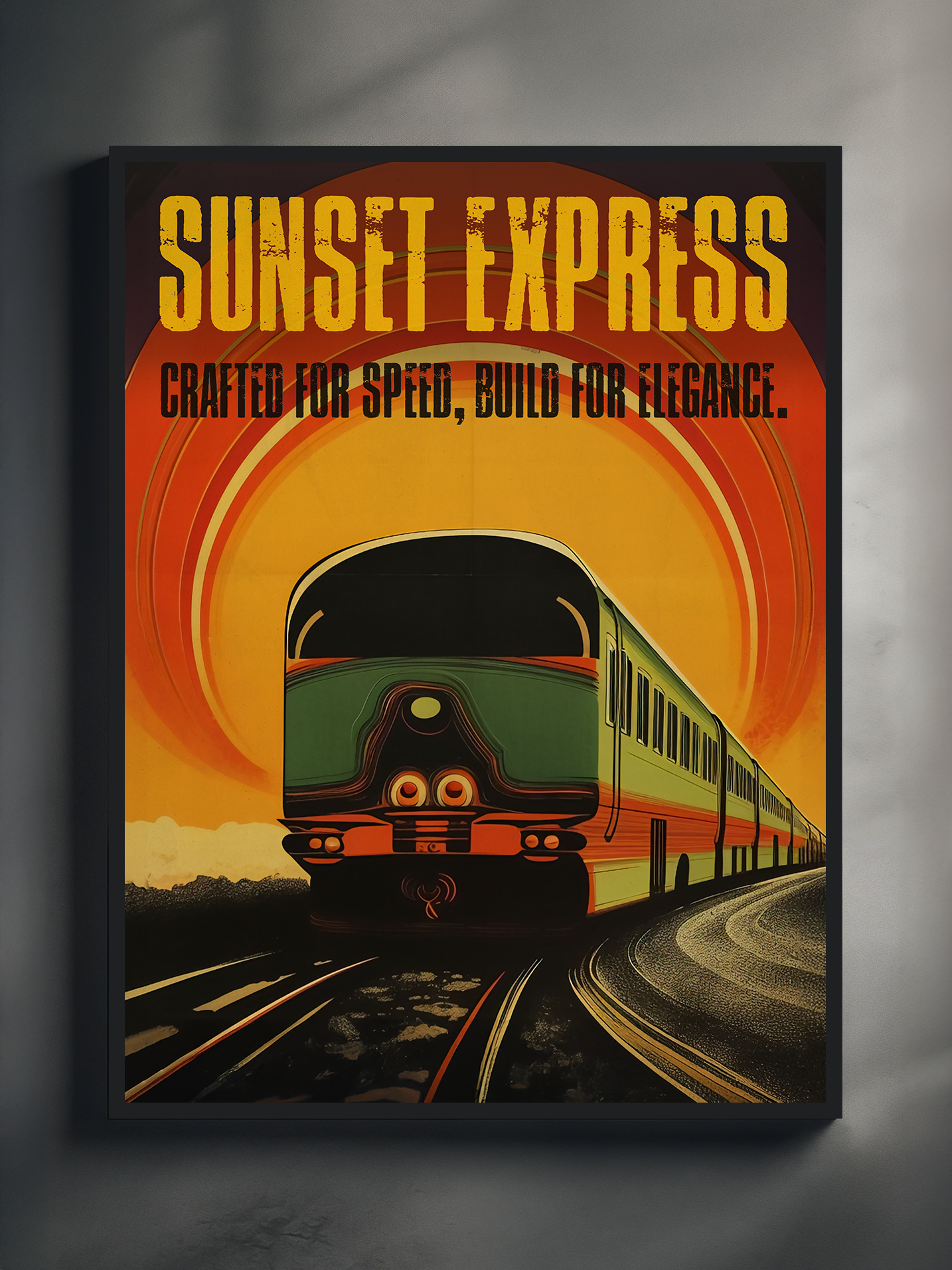 Retro travel wall art featuring a classic passenger train speeding along curved tracks beneath a bold orange sunset, vintage typography design perfect for railway and adventure decor.