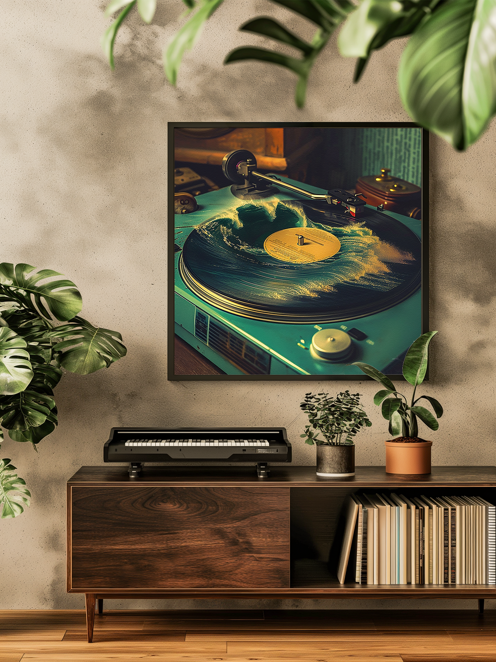 Framed surreal poster of a vintage record player with ocean waves on a vinyl record, displayed in a stylish music-themed living room with houseplants, wood furniture, and retro decor, ideal for music lovers and art enthusiasts.