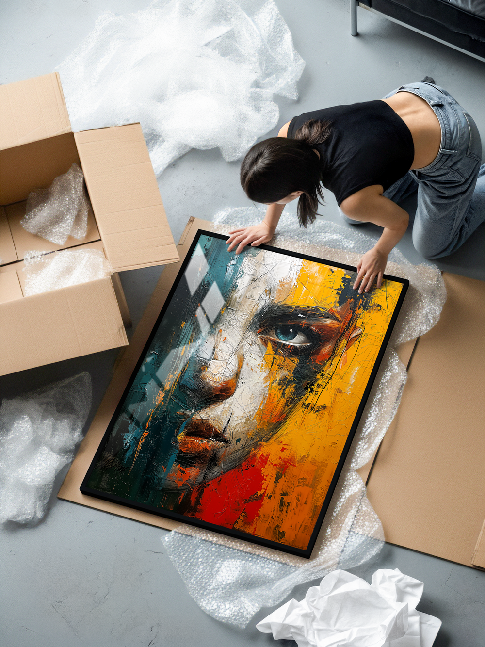 A modern expressionist portrait built around a striking, hyper-detailed eye set against rough layered textures and bold color fields. The artwork blends realism with raw abstraction, creating an emotional, contemporary look. Printed on museum-grade 200 gsm matte paper and framed in a sleek black aluminum frame with shatterproof plexiglass for a clean, premium finish designed to last.