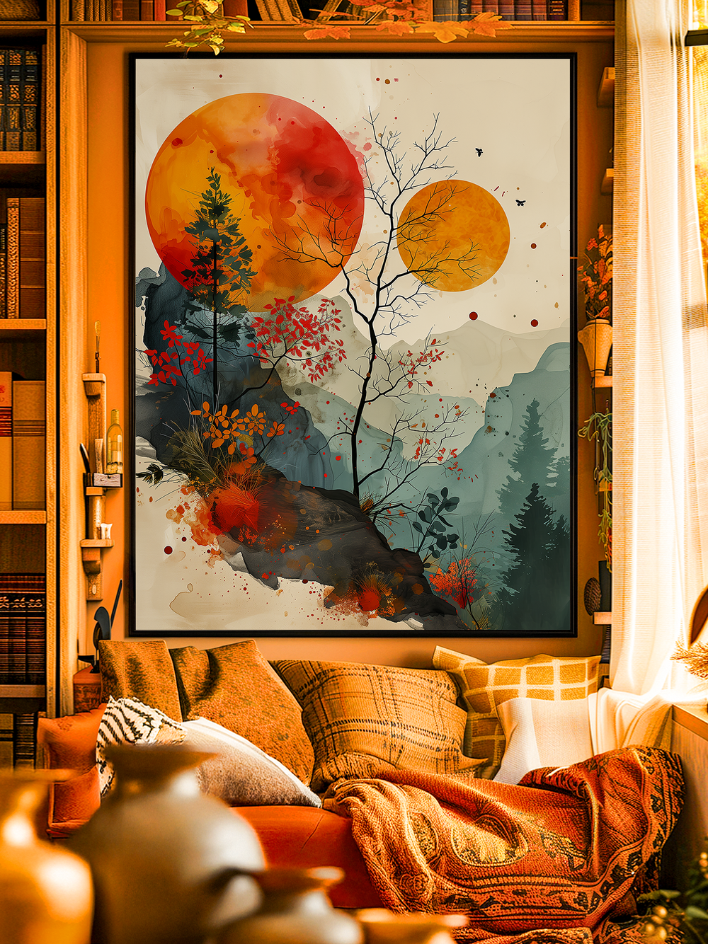 Abstract watercolor landscape poster featuring two glowing suns above misty mountains and autumn trees. Warm orange and teal tones create a serene, cozy atmosphere, perfect for interior design lovers seeking modern nature art.