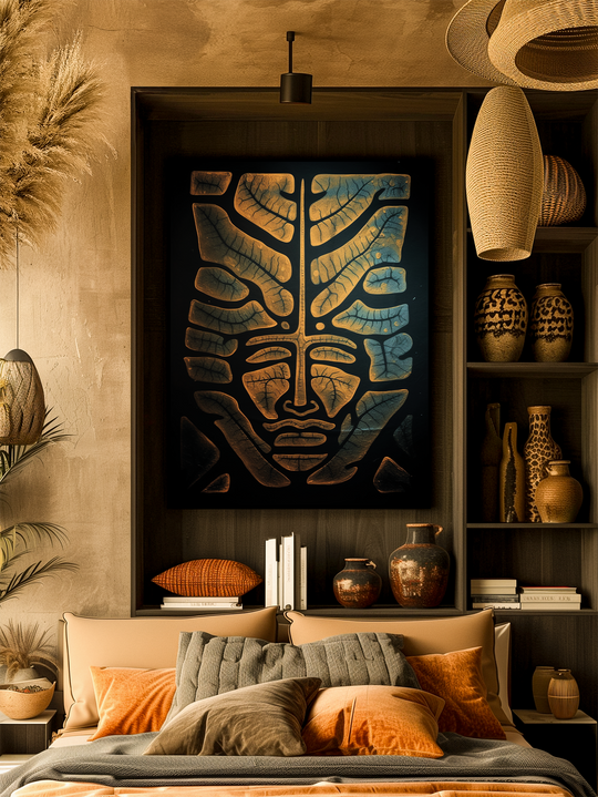 A cozy bedroom featuring a large, vertical abstract tribal artwork in a minimalist black frame, centered above a headboard niche with shelves. The room has warm earth tones of beige, orange, and muted green, with layered pillows and blankets on a large, inviting bed. Built-in shelves hold ceramic vases, books, and woven accents, adding depth and detail. The textured wall and soft lighting create a warm, harmonious atmosphere that blends modern comfort with subtle tribal-inspired decor.